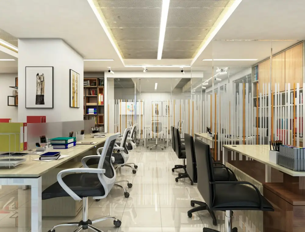 Modern office interior with desks and chairs